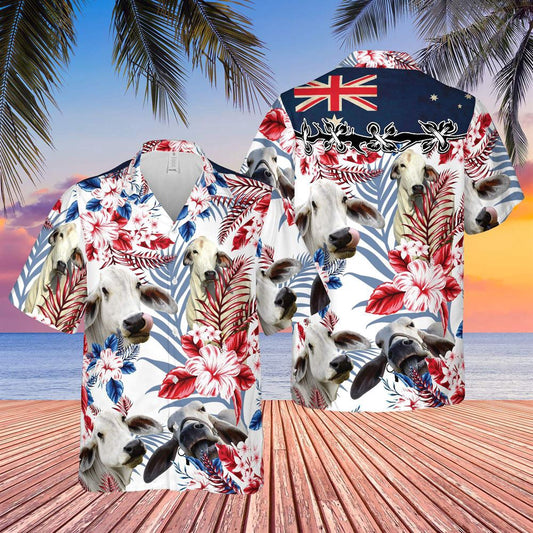 Hawaiian Cow Shirt, Brahman Cattle Australia Flag Hawaiian Flowers All Over Printed 3D Hawaiian Shirt, Animal Hawaiian Shirts, Farmer Shirts