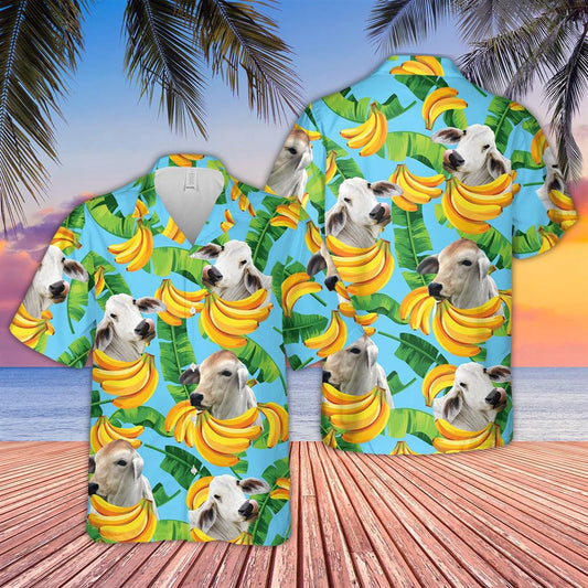 Hawaiian Cow Shirt, Brahman Cattle Banana Pattern 3D Hawaiian Shirt, Animal Hawaiian Shirts, Farmer Shirts