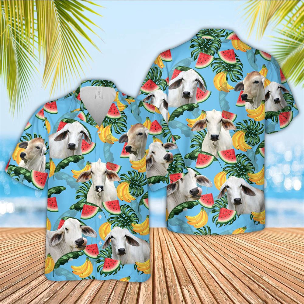 Hawaiian Cow Shirt, Brahman Cattle Blue Tropical Fruits Pattern Hawaiian Shirt, Animal Hawaiian Shirts, Farmer Shirts