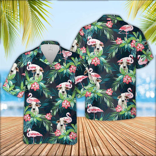 Hawaiian Cow Shirt, Brahman Cattle Flamingo Hawaiian Shirt, Animal Hawaiian Shirts, Farmer Shirts