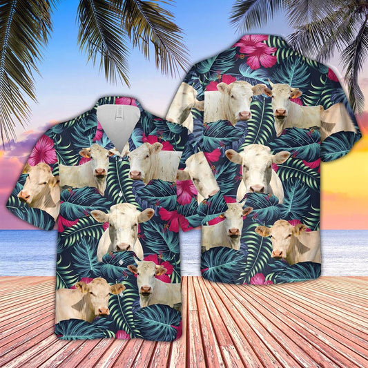 Hawaiian Cow Shirt, Brahman Cattle Floral Tropical Leaves Pattern Hawaiian Shirt, Animal Hawaiian Shirts, Farmer Shirts