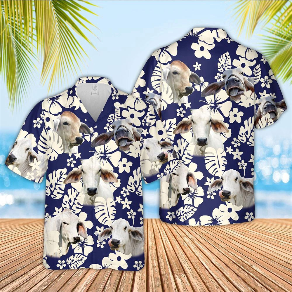 Hawaiian Cow Shirt, Brahman Cattle Flower Blue Pattern 3D Hawaiian Shirt, Animal Hawaiian Shirts, Farmer Shirts