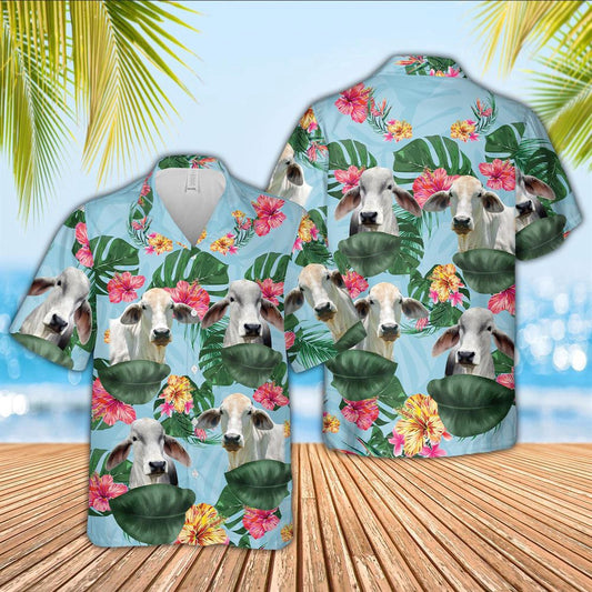 Hawaiian Cow Shirt, Brahman Cattle Flower Pattern 3D Hawaiian Shirt, Animal Hawaiian Shirts, Farmer Shirts