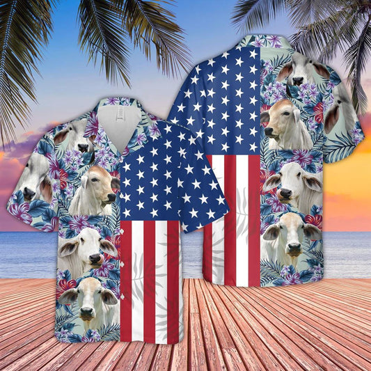 Hawaiian Cow Shirt, Brahman Cattle Flower Pattern Us Flag 3D Hawaiian Shirt, Animal Hawaiian Shirts, Farmer Shirts