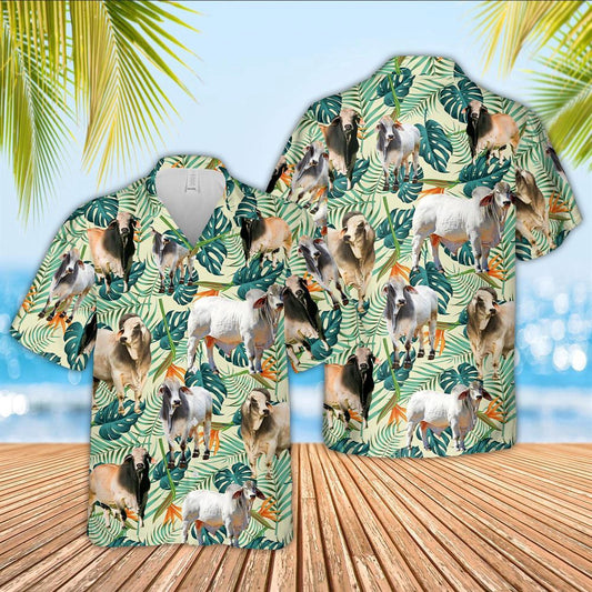 Hawaiian Cow Shirt, Brahman Cattle Green Pattern 3D Hawaiian Shirt, Animal Hawaiian Shirts, Farmer Shirts