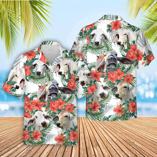 Hawaiian Cow Shirt, Brahman Cattle Hibucis Flower Pattern 3D Hawaiian Shirt, Animal Hawaiian Shirts, Farmer Shirts