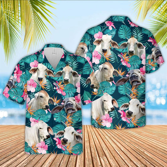 Hawaiian Cow Shirt, Brahman Cattle Palm Leaves Pattern Hawaiian Shirt, Animal Hawaiian Shirts, Farmer Shirts