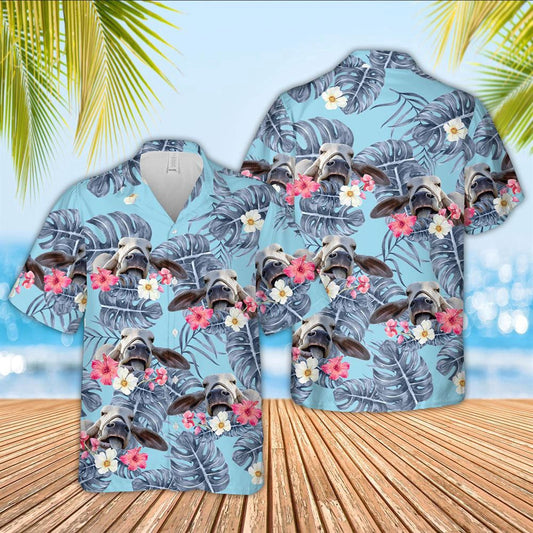 Hawaiian Cow Shirt, Brahman Cattle Sierra Blue Pattern 3D Hawaiian Shirt, Animal Hawaiian Shirts, Farmer Shirts