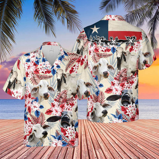 Hawaiian Cow Shirt, Brahman Cattle Texas Flag Hawaiian Flowers All Over Printed 3D Hawaiian Shirt, Animal Hawaiian Shirts, Farmer Shirts