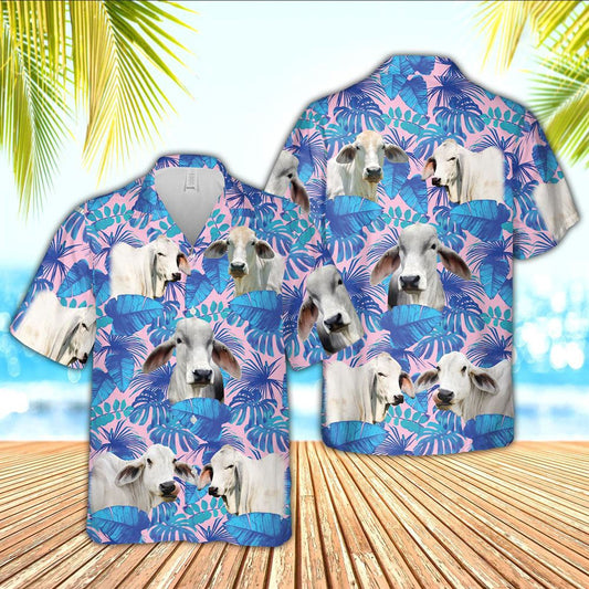 Hawaiian Cow Shirt, Brahman Cattle Tropical Blue Palm Leaves Hawaiian Shirt, Animal Hawaiian Shirts, Farmer Shirts