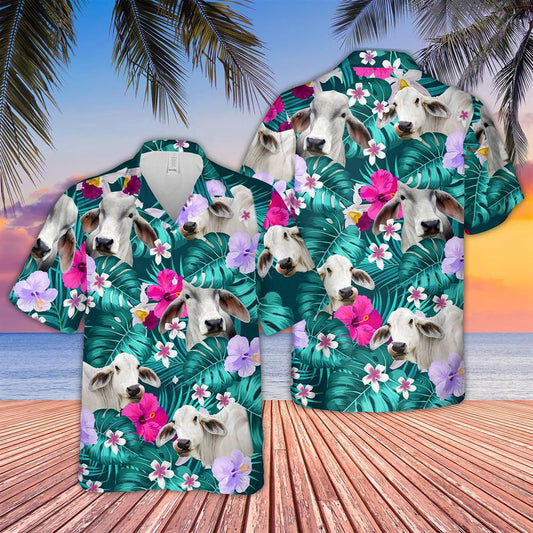 Hawaiian Cow Shirt, Brahman Cattle Tropical Style 3D Hawaiian Shirt, Animal Hawaiian Shirts, Farmer Shirts