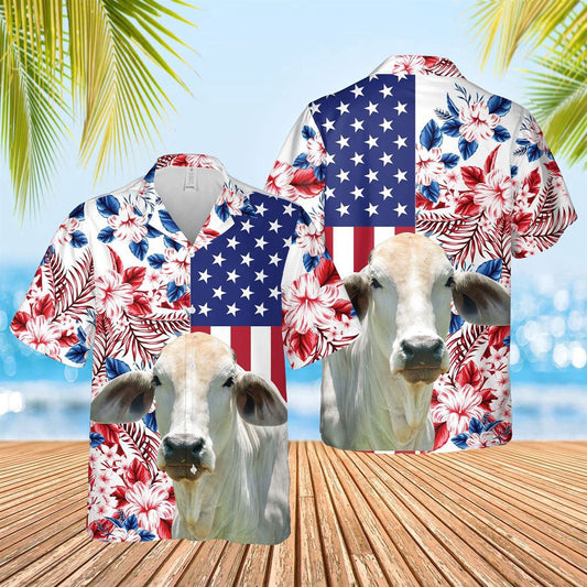 Hawaiian Cow Shirt, Brahman Cattle Us Flag Flower 3D Hawaiian Shirt, Animal Hawaiian Shirts, Farmer Shirts