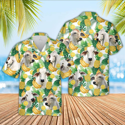 Hawaiian Cow Shirt, Brahman Cattle White Tropical Fruits Pattern Hawaiian Shirt, Animal Hawaiian Shirts, Farmer Shirts