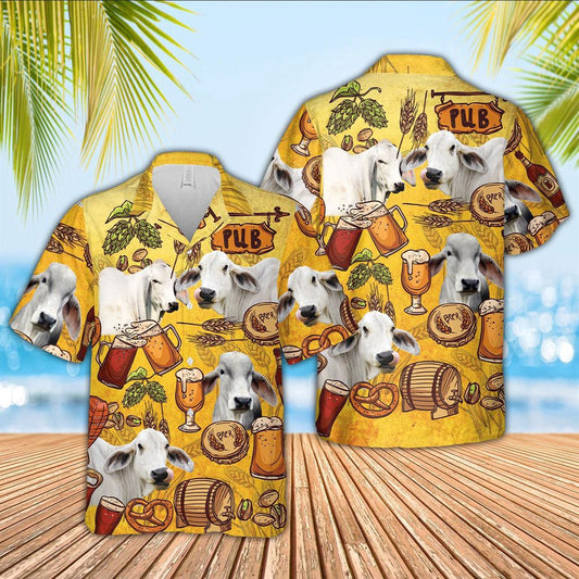 Hawaiian Cow Shirt, Brahman Drink Beer Pattern 3D Hawaiian Shirt, Animal Hawaiian Shirts, Farmer Shirts