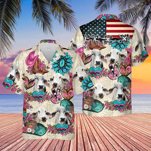Hawaiian Cow Shirt, Brahman Happiness Flowers 3D Hawaiian Shirt, Animal Hawaiian Shirts, Farmer Shirts