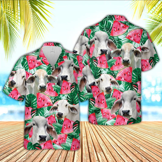 Hawaiian Cow Shirt, Brahman Watermelon 3D Hawaiian Shirt, Animal Hawaiian Shirts, Farmer Shirts