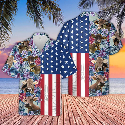 Hawaiian Cow Shirt, Braunvieh Flower Pattern American 3D Hawaiian Shirt, Animal Hawaiian Shirts, Farmer Shirts