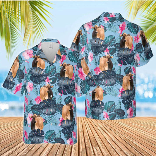 Hawaiian Cow Shirt, Brown Swiss Blue Hibiscus Hawaiian Shirt, Animal Hawaiian Shirts, Farmer Shirts