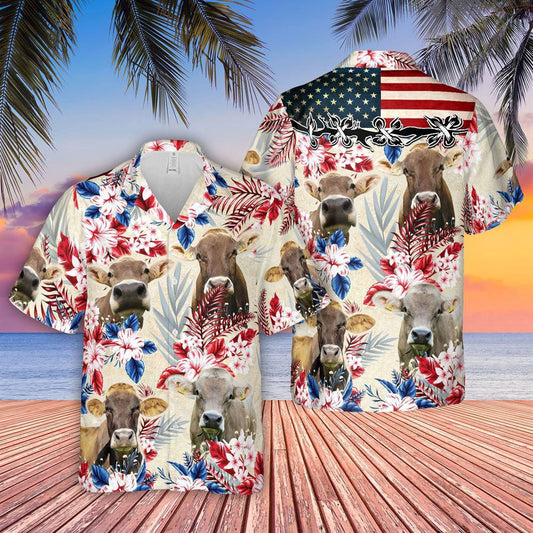 Hawaiian Cow Shirt, Brown Swiss Pattern Us Flag Hawaiian Shirt, Animal Hawaiian Shirts, Farmer Shirts