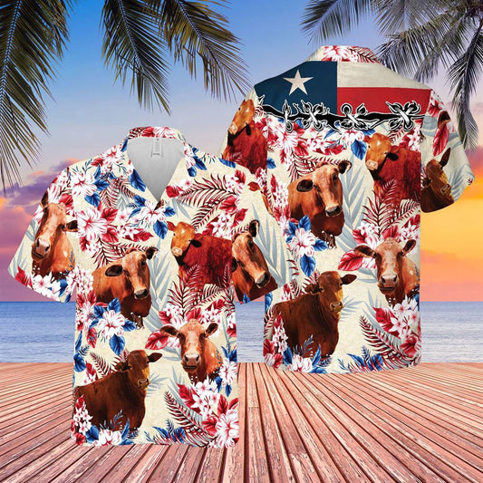 Hawaiian Cow Shirt, Cattle Texas Flag Hawaiian Flowers All Over Printed 3D Hawaiian Shirt, Animal Hawaiian Shirts, Farmer Shirts