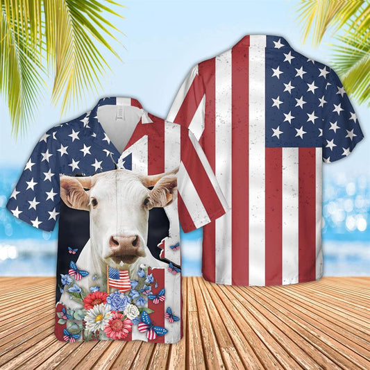 Hawaiian Cow Shirt, Charolais 4Th Of July 3D Hawaiian Shirt, Animal Hawaiian Shirts, Farmer Shirts