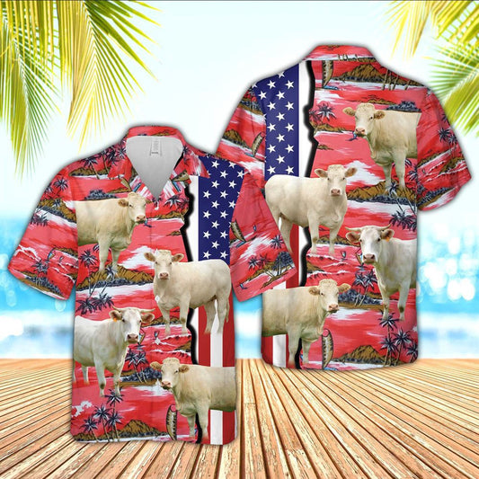 Hawaiian Cow Shirt, Charolais American Flag Farming 3D Hawaiian Shirt, Animal Hawaiian Shirts, Farmer Shirts