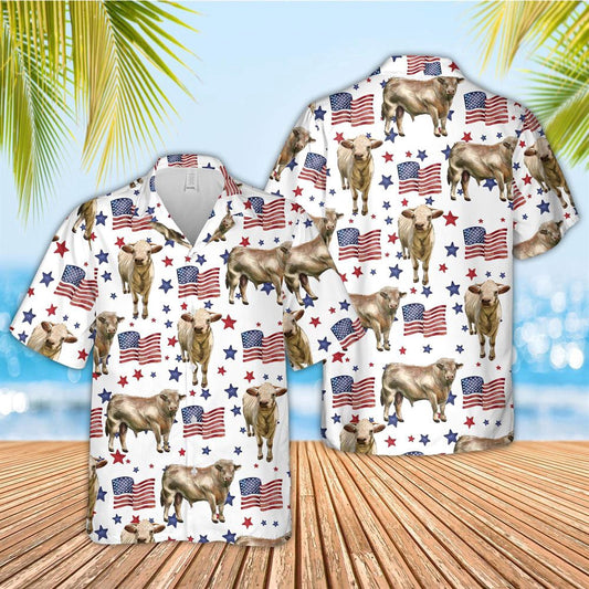 Hawaiian Cow Shirt, Charolais American Flag Pattern Hawaiian Shirt, Animal Hawaiian Shirts, Farmer Shirts