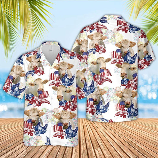 Hawaiian Cow Shirt, Charolais American Flowers And Flag Pattern Hawaiian Shirt, Animal Hawaiian Shirts, Farmer Shirts