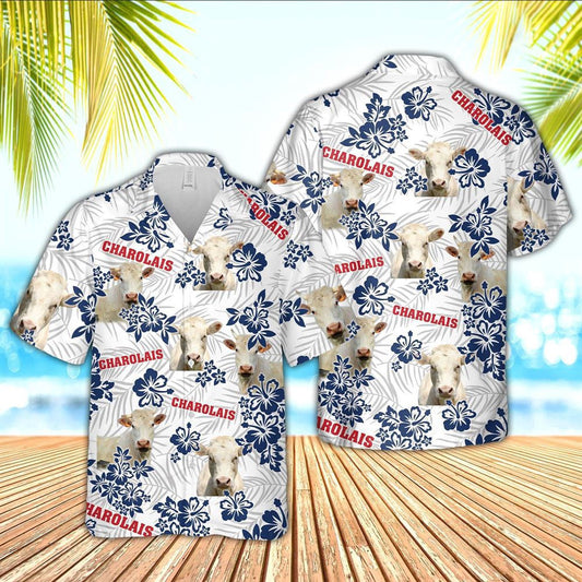 Hawaiian Cow Shirt, Charolais American White Flowers Pattern Hawaiian Shirt, Animal Hawaiian Shirts, Farmer Shirts