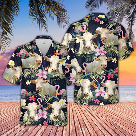 Hawaiian Cow Shirt, Charolais And Flamingo Flower Pattern 3D Hawaiian Shirt, Animal Hawaiian Shirts, Farmer Shirts