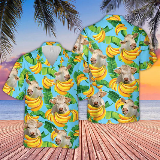Hawaiian Cow Shirt, Charolais Banana Pattern 3D Hawaiian Shirt, Animal Hawaiian Shirts, Farmer Shirts