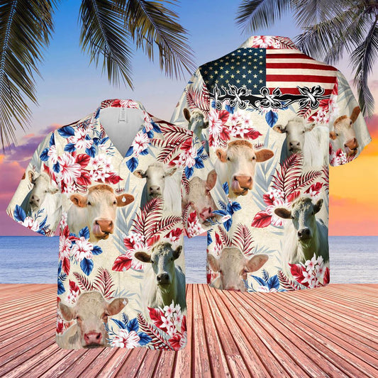 Hawaiian Cow Shirt, Charolais Cattle American Flag Hawaiian Flowers All Over Printed 3D Hawaiian Shirt, Animal Hawaiian Shirts, Farmer Shirts