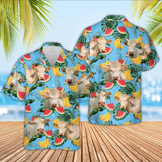 Hawaiian Cow Shirt, Charolais Cattle Blue Tropical Fruits Pattern Hawaiian Shirt, Animal Hawaiian Shirts, Farmer Shirts