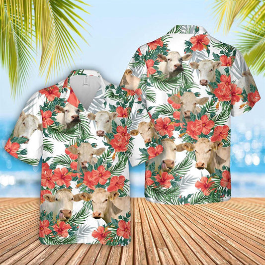 Hawaiian Cow Shirt, Charolais Cattle Hibucis Flower Pattern 3D Hawaiian Shirt, Animal Hawaiian Shirts, Farmer Shirts