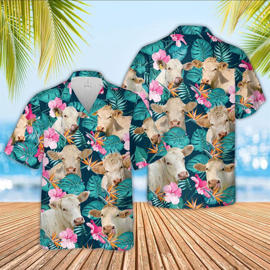 Hawaiian Cow Shirt, Charolais Cattle Palm Leaves Pattern Hawaiian Shirt, Animal Hawaiian Shirts, Farmer Shirts