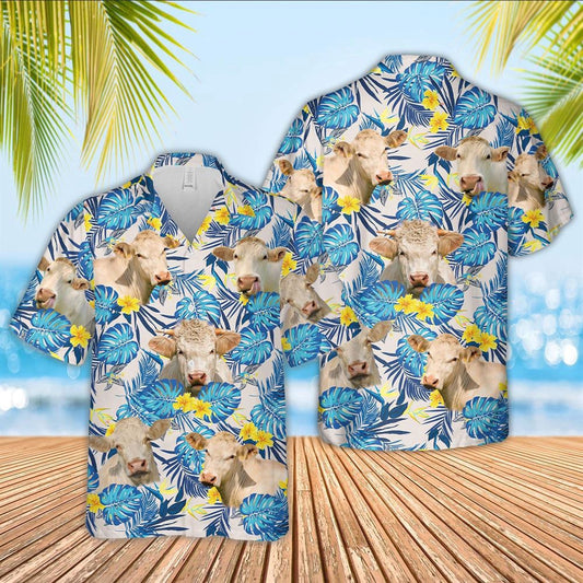 Hawaiian Cow Shirt, Charolais Cattle Tropical Blue Palm Leaves Hawaiian Shirt, Animal Hawaiian Shirts, Farmer Shirts