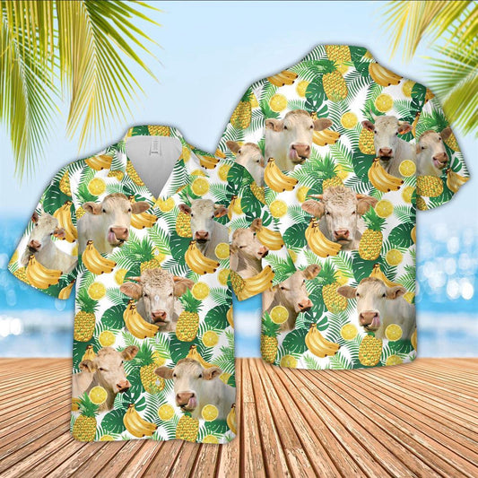 Hawaiian Cow Shirt, Charolais Cattle White Tropical Fruits Pattern Hawaiian Shirt, Animal Hawaiian Shirts, Farmer Shirts