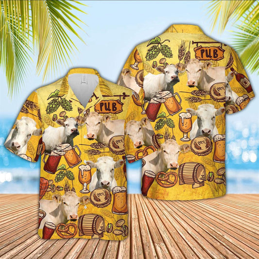 Hawaiian Cow Shirt, Charolais Drink Beer Pattern 3D Hawaiian Shirt, Animal Hawaiian Shirts, Farmer Shirts