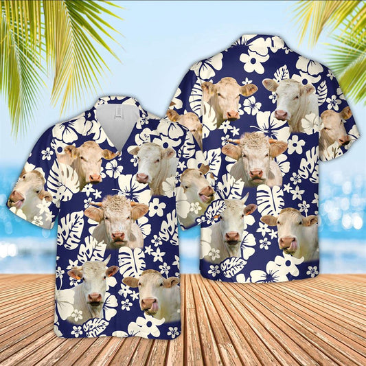 Hawaiian Cow Shirt, Charolais Flower Blue Pattern 3D Hawaiian Shirt, Animal Hawaiian Shirts, Farmer Shirts