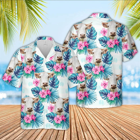 Hawaiian Cow Shirt, Charolais Foot Sign Pattern 3D Hawaiian Shirt, Animal Hawaiian Shirts, Farmer Shirts