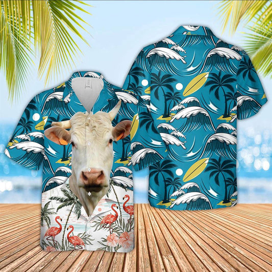Hawaiian Cow Shirt, Charolais Funny Hawaiian Shirt, Animal Hawaiian Shirts, Farmer Shirts