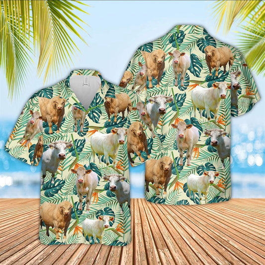 Hawaiian Cow Shirt, Charolais Green Pattern 3D Hawaiian Shirt, Animal Hawaiian Shirts, Farmer Shirts