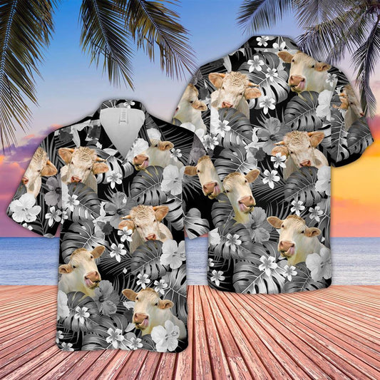 Hawaiian Cow Shirt, Charolais Grey 3D Hawaiian Shirt, Animal Hawaiian Shirts, Farmer Shirts