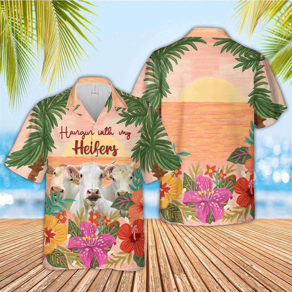 Hawaiian Cow Shirt, Charolais Hangin With My Heifers 3D Hawaiian Shirt, Animal Hawaiian Shirts, Farmer Shirts