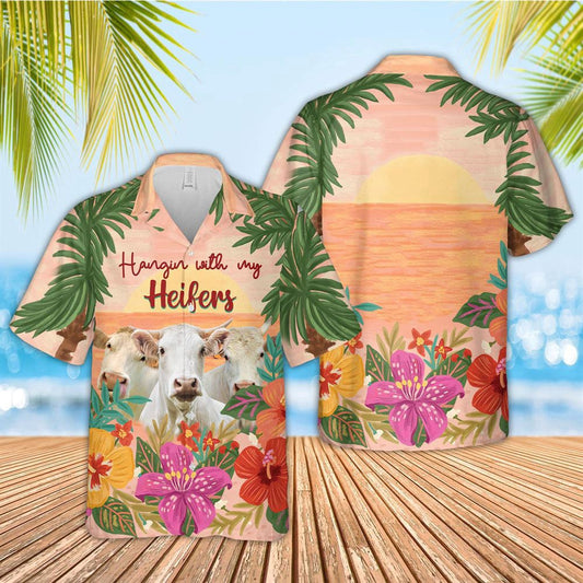 Hawaiian Cow Shirt, Charolais Hangin With My Heifers 3D Hawaiian Shirt, Animal Hawaiian Shirts, Farmer Shirts
