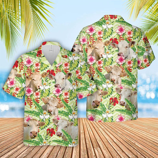Hawaiian Cow Shirt, Charolais Hibicus Floral 3D Hawaiian Shirt, Animal Hawaiian Shirts, Farmer Shirts