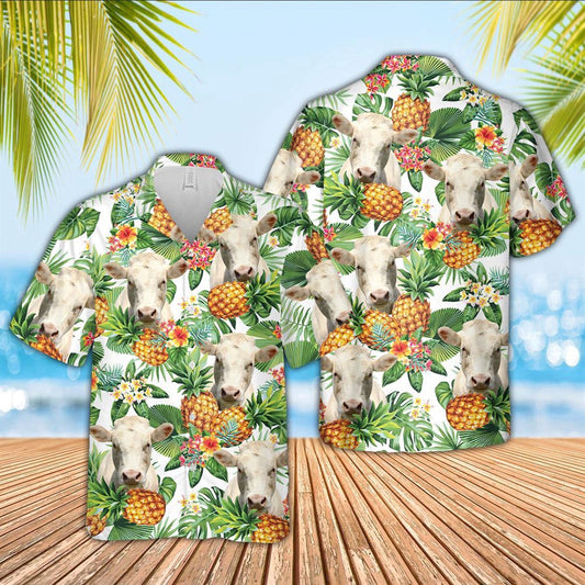 Hawaiian Cow Shirt, Charolais Pineapple Pattern 3D Hawaiian Shirt, Animal Hawaiian Shirts, Farmer Shirts