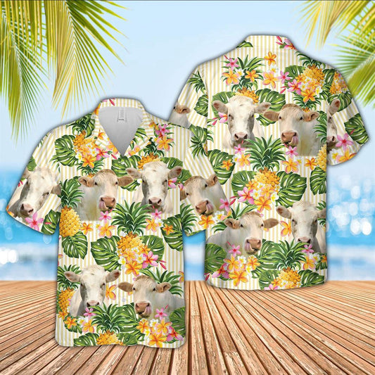 Hawaiian Cow Shirt, Charolais Pineapple Pattern Hawaiian Shirt, Animal Hawaiian Shirts, Farmer Shirts
