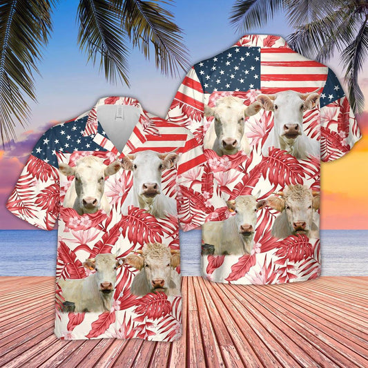 Hawaiian Cow Shirt, Charolais Red Floral Us Flag 3D Hawaiian Shirt, Animal Hawaiian Shirts, Farmer Shirts