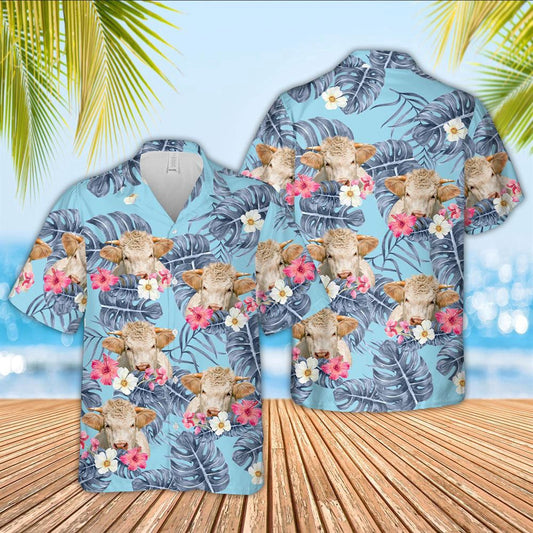 Hawaiian Cow Shirt, Charolais Sierra Blue Pattern 3D Hawaiian Shirt, Animal Hawaiian Shirts, Farmer Shirts
